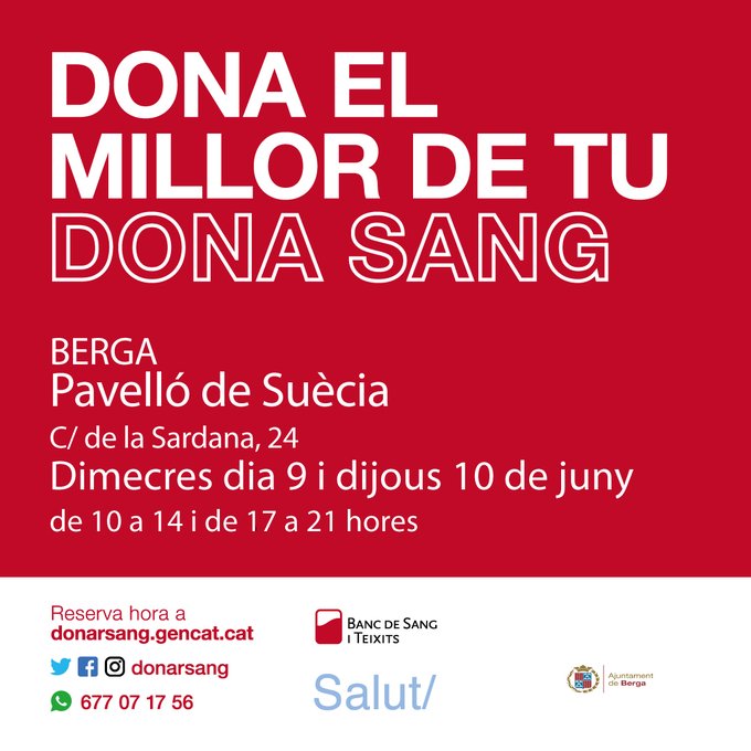 Berga acollirà una nova campanya de donació de sang el 9 i 10 de juny, al Pavelló de Suècia