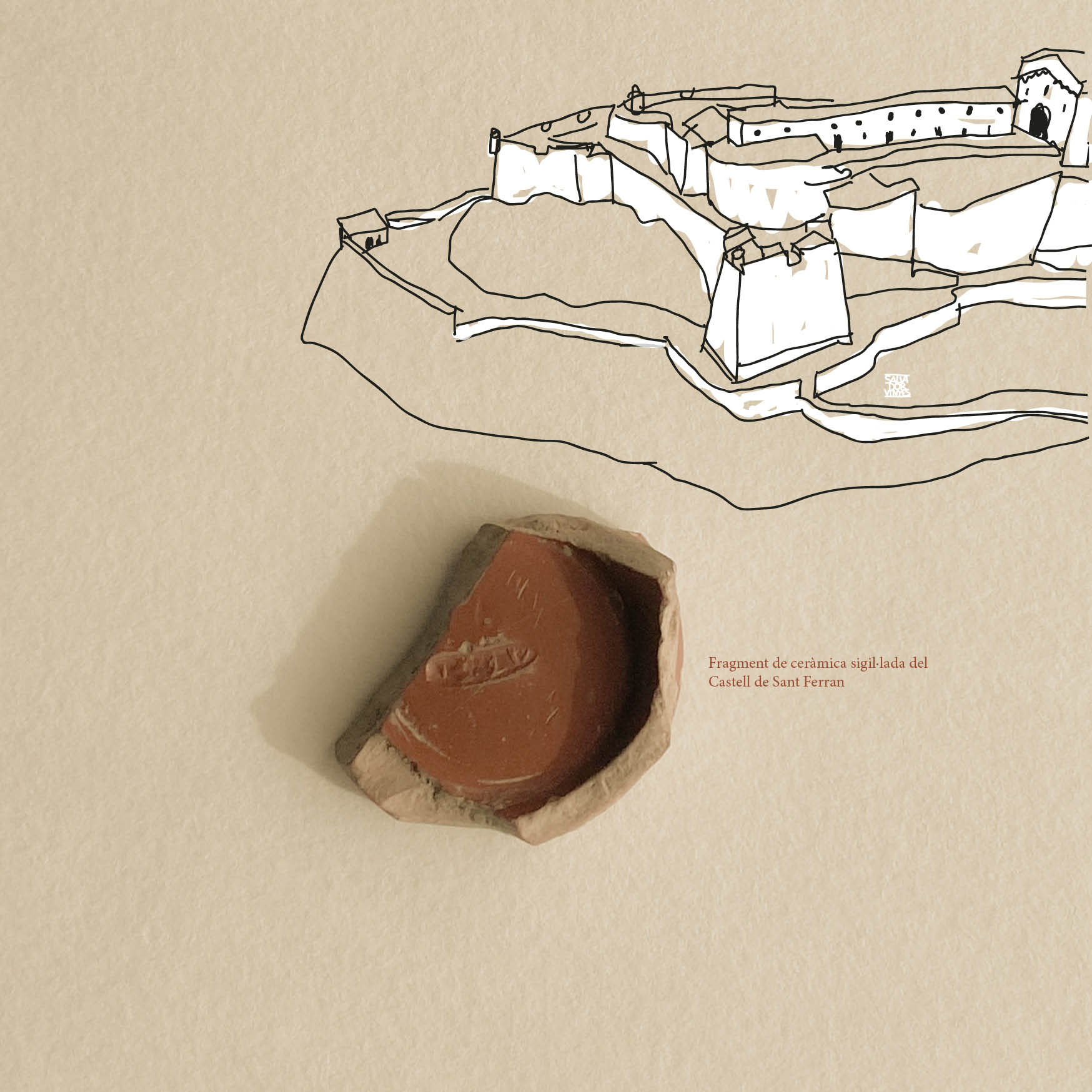 Postal: Fragment de ceràmica sigil·lada del Castell de Sant Ferran 