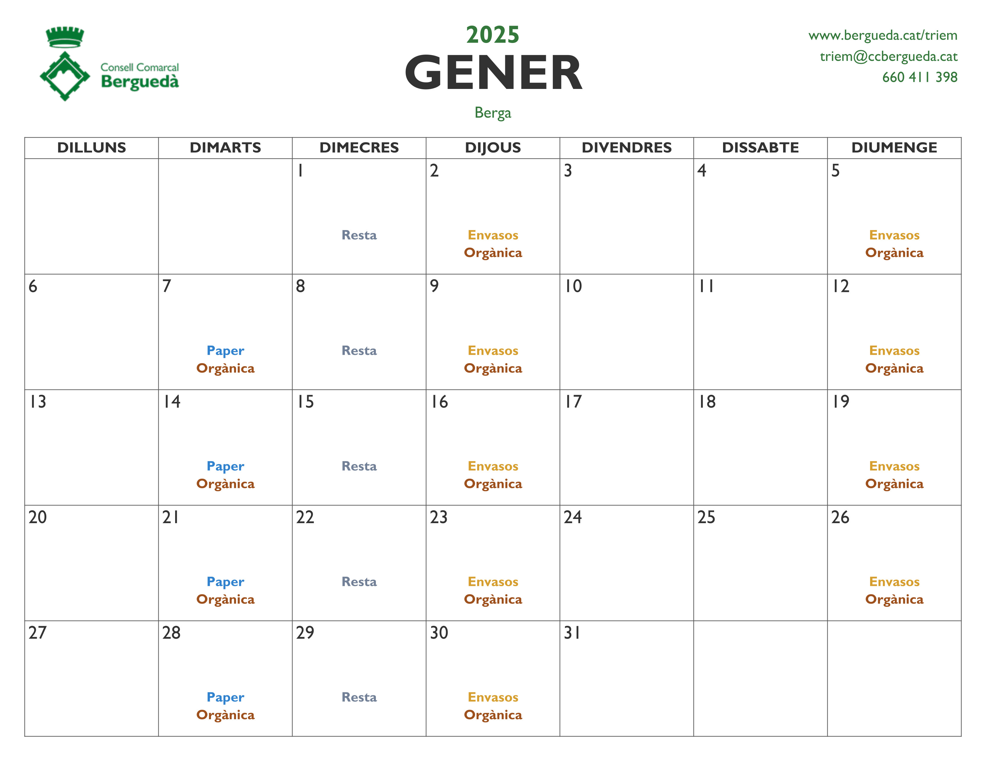 Calendari - Recollida porta a porta a Berga 2025