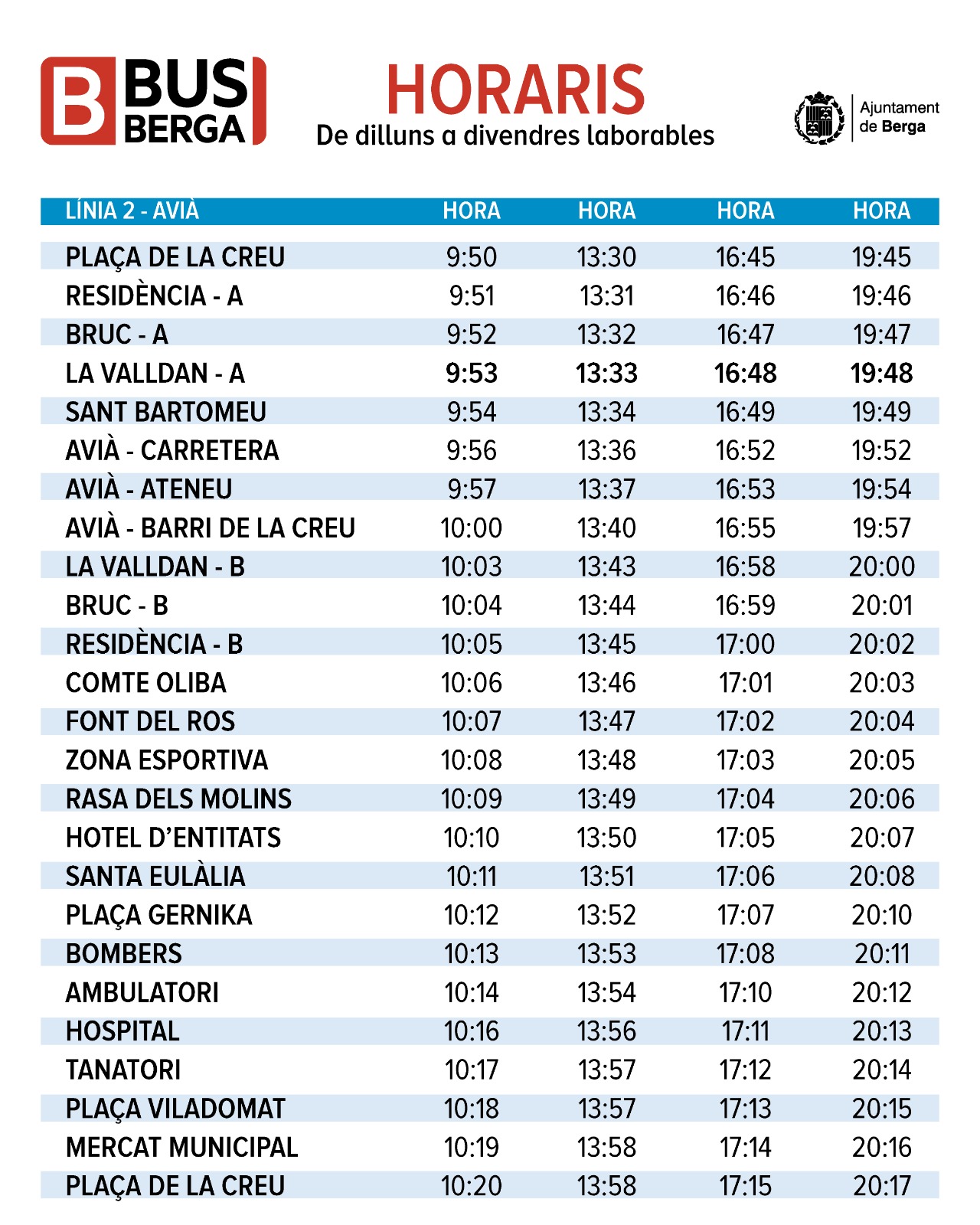 L2-Avi&agrave;. Horari: de dilluns a divendres laborables
